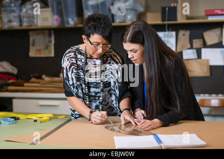 Two seamstresses using curved ruler on dressmakers pattern in workshop Stock Photo