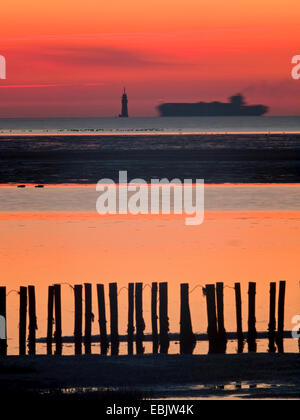 container ship and lighthouse in evening light, Germany Stock Photo