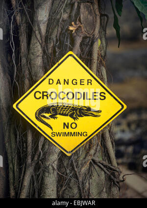 warning sign: Danger crocodiles, no swimming Stock Photo