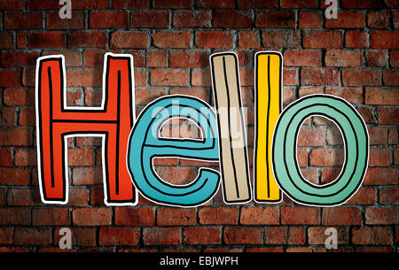 Word Hello on Brick Wall Background