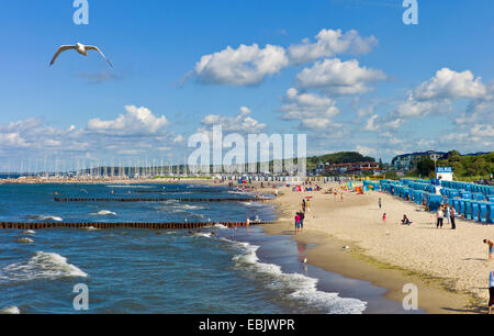panoramic view over the bathing beach and the yacht harbour, Germany, Mecklenburg-Western Pomerania, Kuehlungsborn