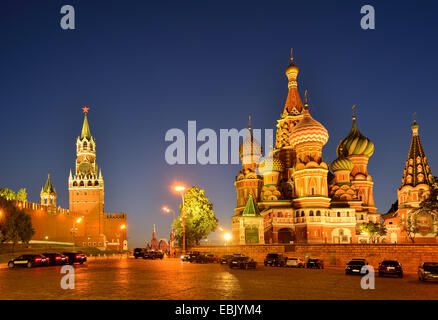View of Red Square, Kremlin towers and Saint Basils Cathedral at night, Moscow, Russia Stock Photo