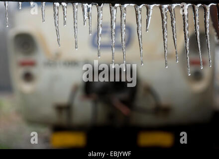 Icicles hang as trains stay at the railway station in Lysa nad Labem, Central Bohemia, Tuesday, Dec. 2, 2014. Train transport on the outskirts of Prague has been paralysed as black ice is threatening across almost the whole of the Czech Republic. (CTK Photo/Vit Simanek) Stock Photo
