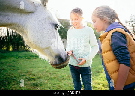 Two girls feeding horse Stock Photo