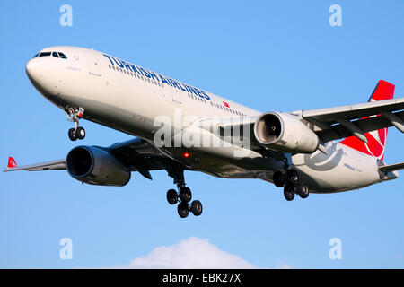 Turkish Airlines Airbus A330-300 approaches runway 27L at London Heathrow airport. Stock Photo