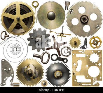 Clockwork spare parts. Metal gear, cogwheels and other details. Stock Photo