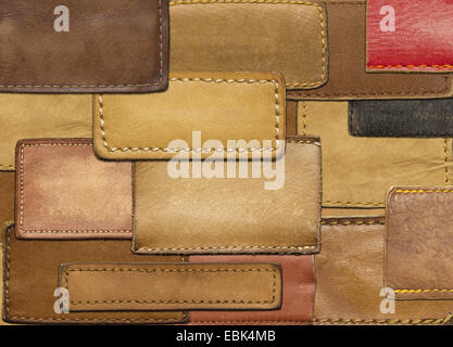 Leather background made of jeans labels Stock Photo