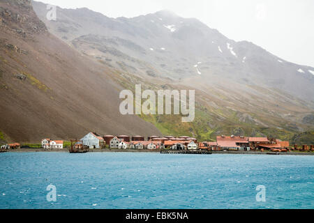 panoramic view from the sea at the Stromness Bay with the former whaling station, Suedgeorgien, South Sandwich Islands, Stromness Stock Photo