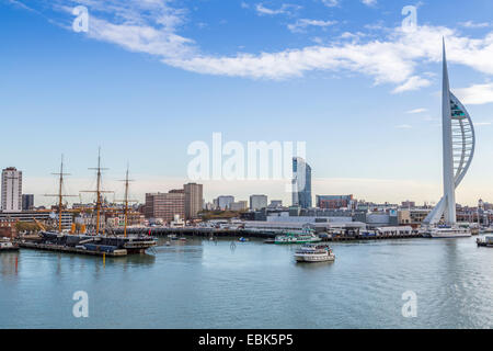 A Daytime Panoramic view of The Spinnaker Tower and HMS Warrior, Portsmouth, Hampshire England UK Stock Photo