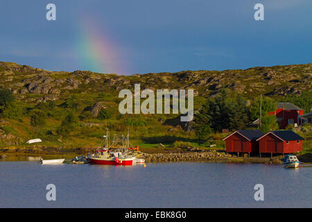rainbow over fishing boats in a fjord, Norway, Hitra Stock Photo