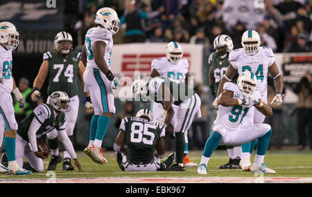 Dec. 1, 2014 - East Rutherford, Florida, U.S. - Miami Dolphins defensive end Dion Jordan (95) reacts to sacking New York Jets quarterback Geno Smith (7) at MetLife Stadium in East Rutherford, New Jersey on December 1, 2014. (Credit Image: © Allen Eyestone/The Palm Beach Post/ZUMA Wire) Stock Photo