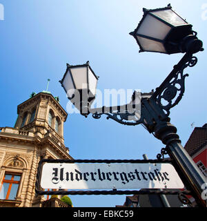 old street lights and road sign in historic old town, Germany, North Rhine-Westphalia, Ruhr Area, Rheinberg Stock Photo