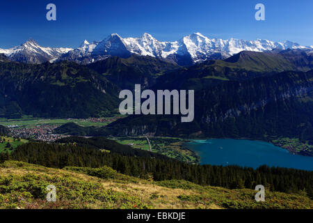 Swiss Alp, view from Niederhorn at Lauterbrunnen and Lake Thun, Eiger, 3974 m, Moench, 4099 m, Jungfrau, 4158m, Switzerland, Bernese Oberland, Lauterbrunnen Stock Photo