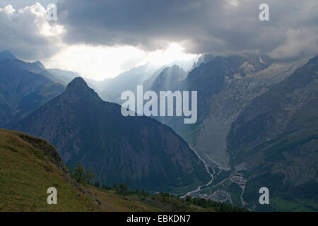 Aosta valley (left), Val Veny (in the middle), view from Mont de la Saxe, Italy, Refuge Bertone Stock Photo