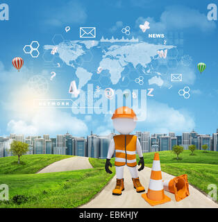 Three-dimensional worker standing on road running through green hills. City of tall buildings as backdrop. World map and other virtual items in sky Stock Photo