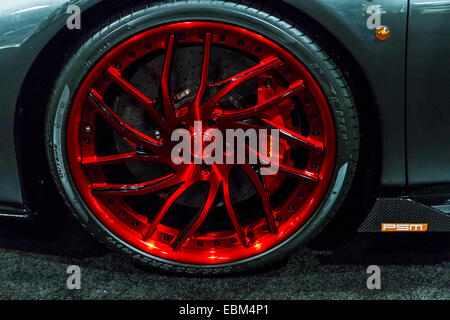 A custom wheel on a Ferrari in the Aftermarket Manufacturers hall at the 2014 Los Angeles Auto Show Stock Photo