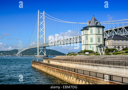 Kobe, Japan at Akashi Kaikyo Bridge spanning the Seto Inland Sea to Awaji Island. Stock Photo