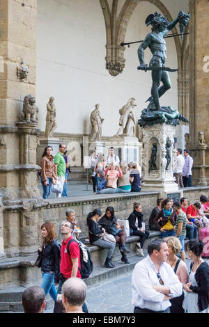 Loggia dei Lanza on Piazza della Signoria dominated by Benvenuto Cellini bronze statue of Perseus with Head of Medusa Florence Stock Photo