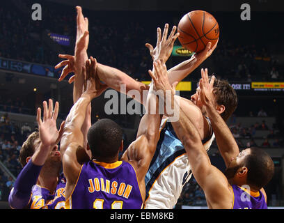February 26, 2014 - Memphis, Tennessee, U.S. - The Memphis Grizzlies' MARC GASOL tries to create room against a triple-team by the Los Angeles Lakers' PAU GASOL, left, WESLEY JOHNSON, middle, and KENDALL MARSHALL Marshall, right, at the FedExForum. The Grizzlies won, 108-103. (Credit Image: © Nikki Boertman/The Commercial Appeal/ZUMAPRESS.com) Stock Photo
