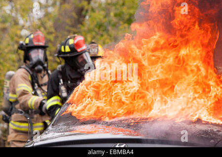Firefighters putting out a car fire Stock Photo