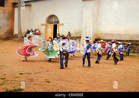 Young Zapotec Indian dancers at a Fiesta in a remote Mexican village in the Sierra Del Sur mountains in Oaxaca Stock Photo