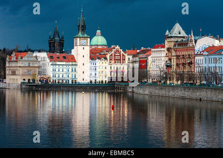 Vltava river, Smetana Museum in the former waterworks, the Old Town Bridge Tower, Water tower, dome of the Cross Church, Prague Stock Photo