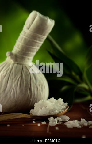 close up view of spa theme objects on color back Stock Photo