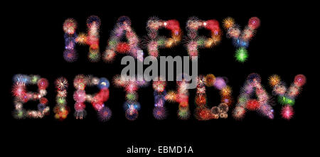 Happy birthday text colorful fireworks isolated on black background Stock Photo