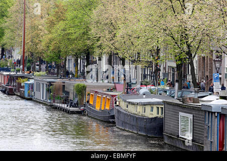 Small houseboats on canal by the Noordermarkt, Amsterdam, province of North Holland, The Netherlands Stock Photo