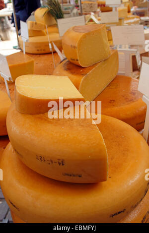 Cheese display stall in the Noordermarkt, Amsterdam, province of North Holland, The Netherlands Stock Photo