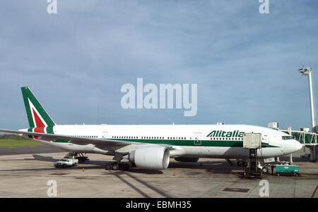 Boeing 777 of Alitalia parked in Ezeira international airport Buenos Aires Argentina Stock Photo