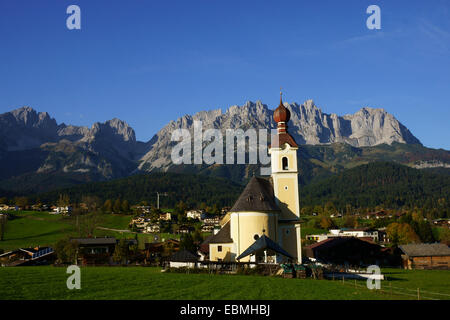 Church and town of Going, Wilder Kaiser Mountain range, Tyrol, Austria Stock Photo