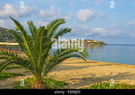 Palms on a sandy beach, old roman fortress in background Stock Photo