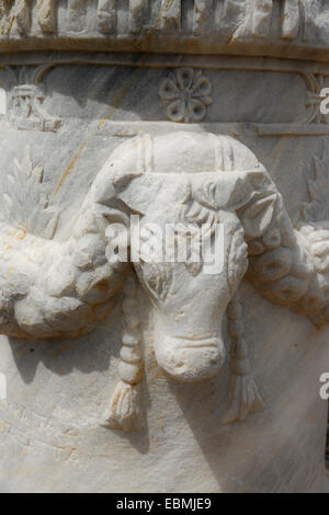 Cow head relief on a pillar, ancient city of Knidos, Knidos, near Datça, Datça Peninsula, Muğla Province, Aegean, Turkey Stock Photo