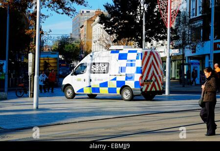 Nottingham City Centre. A police force mobile C,C,T,V van monitoring the general public. England UK Stock Photo