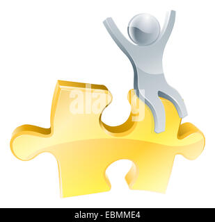 Man on jigsaw piece concept of a happy mascot man with arms raised seated on a jigsaw piece Stock Photo