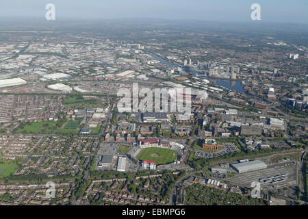 An aerial view of the Old Trafford and Trafford Park areas of Manchester showing both the football and cricket grounds.