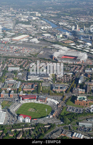 An aerial view of the Old Trafford and Trafford Park areas of Manchester showing both the football and cricket grounds.