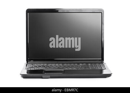 Close up shot of an open laptop, isolated on white background. Stock Photo