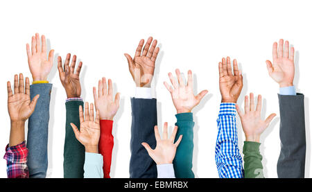 Group of Multiethnic Diverse Hands Raised Stock Photo - Alamy