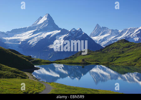 Schreckhorn and Finsteraarhorn mirroring on lake Bach near Grindelwald, Switzerland Stock Photo