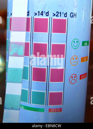 colour strip for testing the water quality in aquariums with reference scale, close-up of section about water hardness Stock Photo