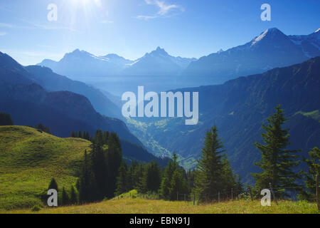 view from Schynigen Platte to Wetterhorn, Schreckhorn, Eiger and Grindelwald valley, Switzerland, Bernese Oberland Stock Photo