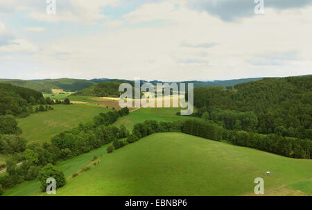aerial view to hilly field and forest landscape near Welleringhausen, Germany, North Rhine-Westphalia, Sauerland, Willingen-Upland Stock Photo