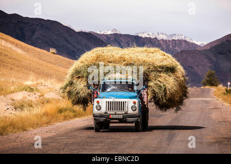 old truck loaded with hay on a road, Kyrgyzstan, Karakoel