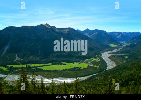 mountain and river scenery at the Lechtal with the natural finished river Lech and view onto the Lechtal Alps, Austria, Tyrol, Lechtaler Alpen