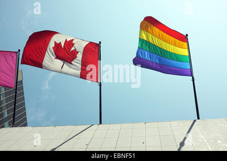 The Canadian and Rainbow flags at the 2014 World Pride in Toronto. Stock Photo