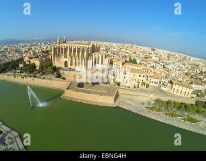 aerial view from Parc de la Mar to La Seu Cathedral, Royal Palace of La Almudaina and Episcopal Palace, Spain, Balearen, Majorca, Palma de Mallorca Stock Photo