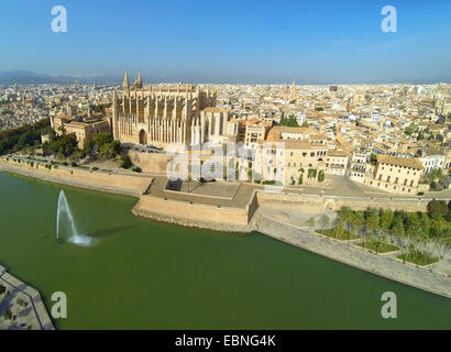 aerial view from Parc de la Mar to La Seu Cathedral, Royal Palace of La Almudaina and Episcopal Palace, Spain, Balearen, Majorca, Palma de Mallorca Stock Photo