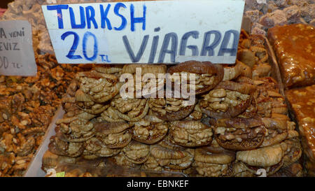 figs filled with nuts and sign 'Viagra' at the Grand Bazaar, Turkey, Istanbul, Eminoenue, Beyazit Stock Photo